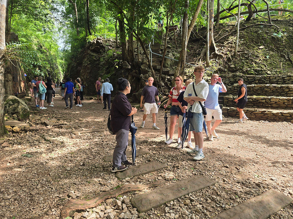 People walking on a stone path in a lush, wooded area. They hold umbrellas and seem curious. Stone steps are visible on the right.