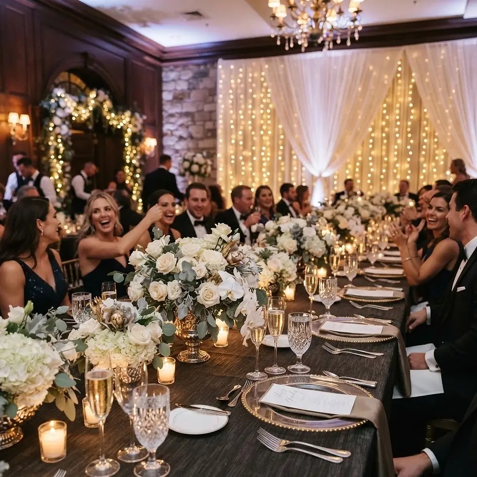 Event photography of a formal dining table set for a celebration. Guests are seated amidst elaborate floral arrangements and twinkling lights.