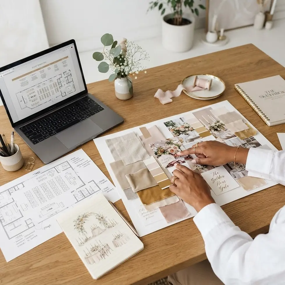 Flat lay photography of hands curating a mood board on a wooden desk. The scene depicts creative planning with a laptop and blueprints.