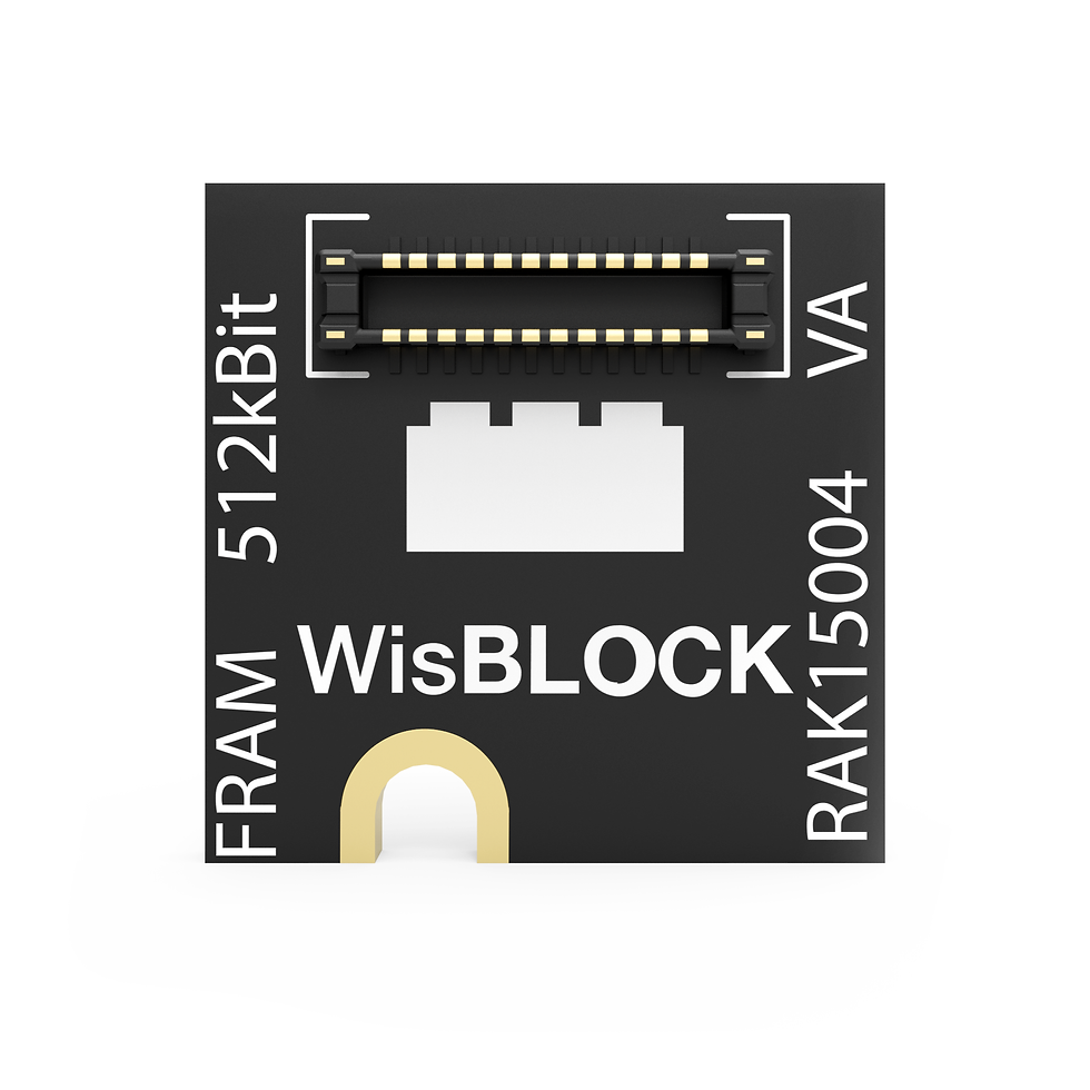 Thumbnail: Rear view of WisBlock FRAM Memory Module RAK15004 showing WisConnector and labelled 512 kbit FRAM storage interface.