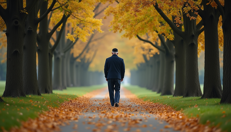 Eye-level view of a veteran walking along a quiet path lined with trees