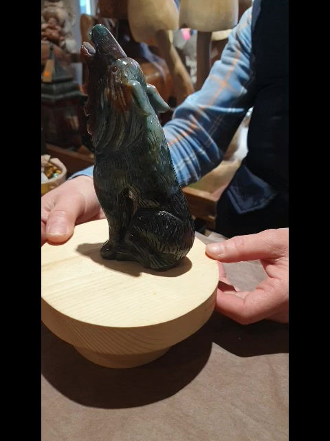Thumbnail: Hand Carved Moss Agate Gazing Wolf 150mm X 65mm X 40mm