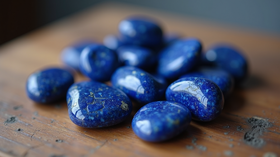 High angle view of lapis lazuli stones on wooden surface