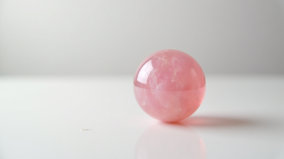 Eye-level view of polished rose quartz sphere on white surface