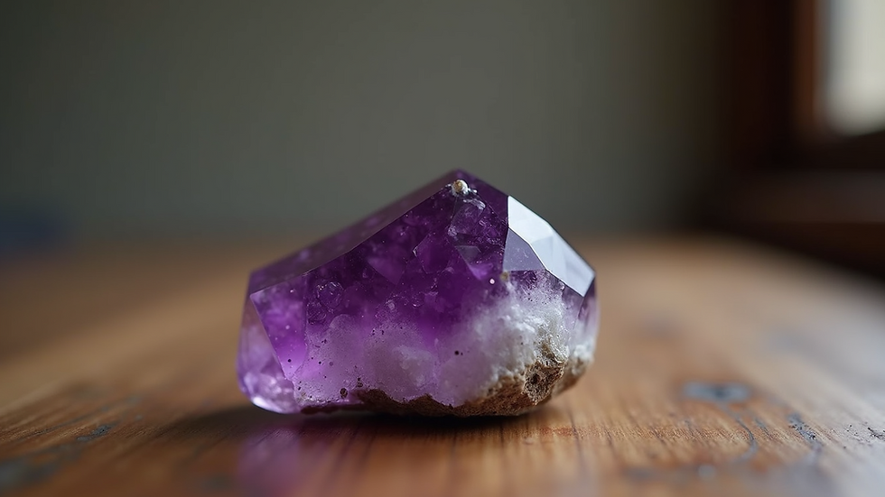 Eye-level view of a polished amethyst stone on a wooden table