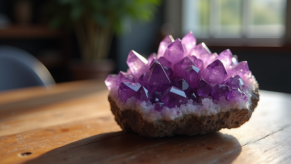 Close-up view of amethyst cluster on wooden table