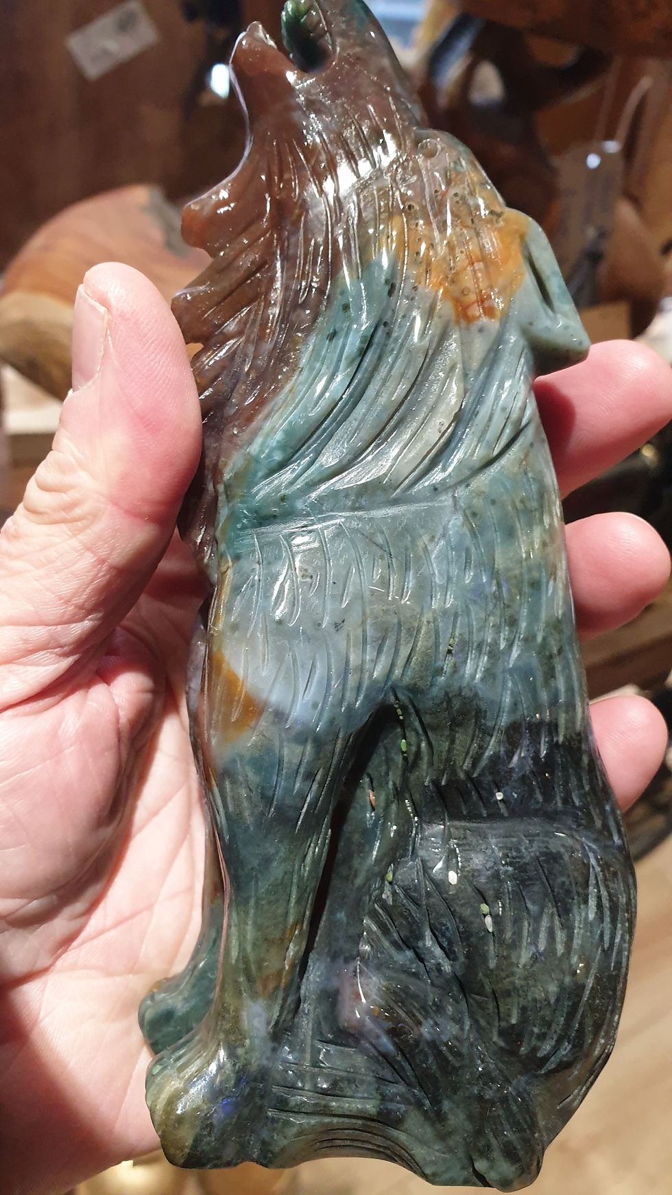 Thumbnail: Hand Carved Moss Agate Gazing Wolf 150mm X 65mm X 40mm