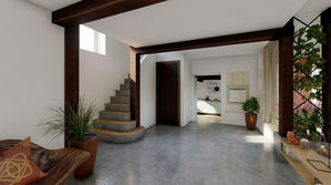 The hallway is opened to the living area to allow extra light in accross the building. 