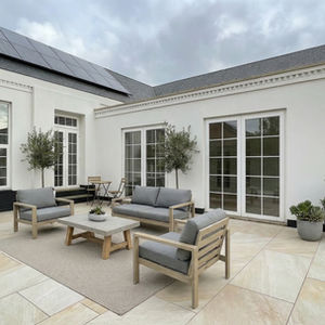 Single storey rear extension to modern house near swimming pool
