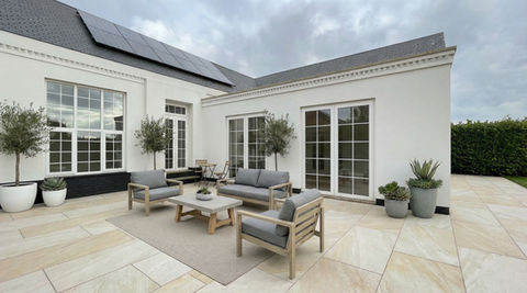Single storey rear extension to modern house near swimming pool