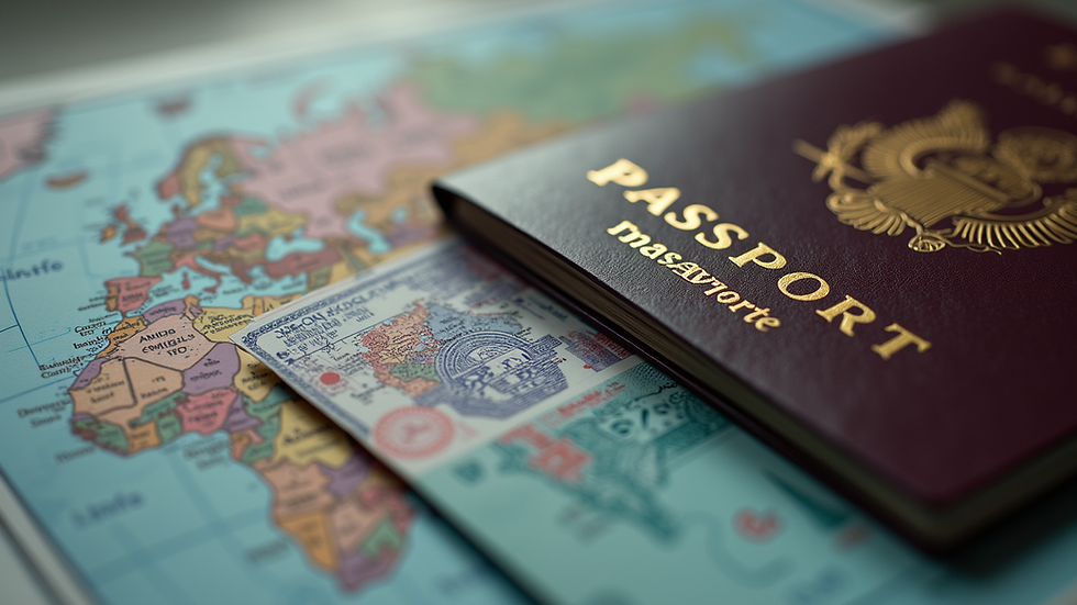 Close-up view of a passport with visa stamps