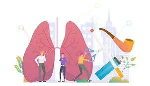 Cartoon depicting people next to lungs, holding scissors, cutting a cigarette for COPD Essentials course