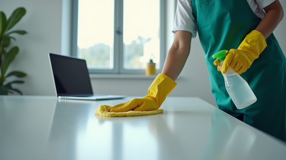 Close-up view of a cleaner wiping down a desk with disinfectant