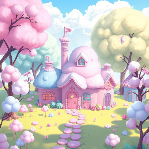 Super cute and magical cartoon cotton candy land village home with pink and blue house.