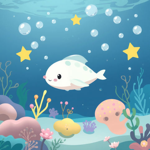 Super cute cartoon of a magical underwater sea world with lots of pretty bubles