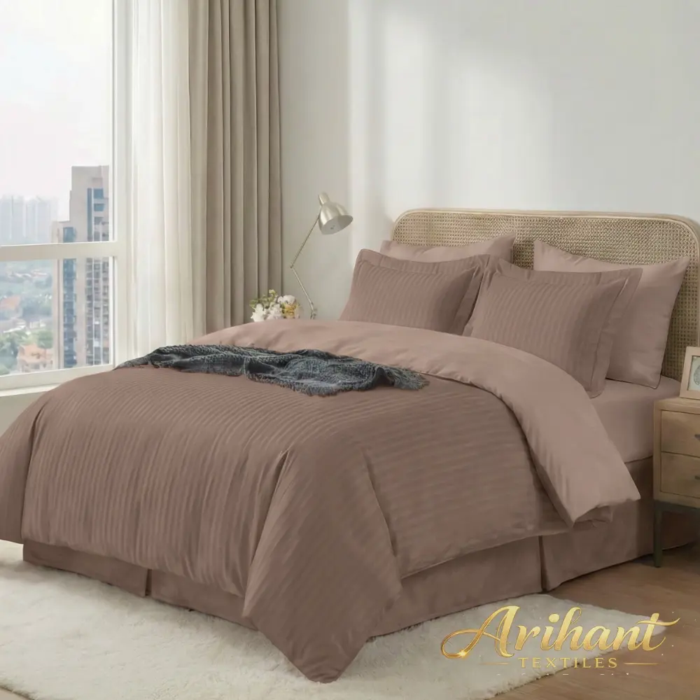 Brown satin stripe hotel bedsheet by Arihant Textiles, designed for premium hospitality and institutional bedding.
