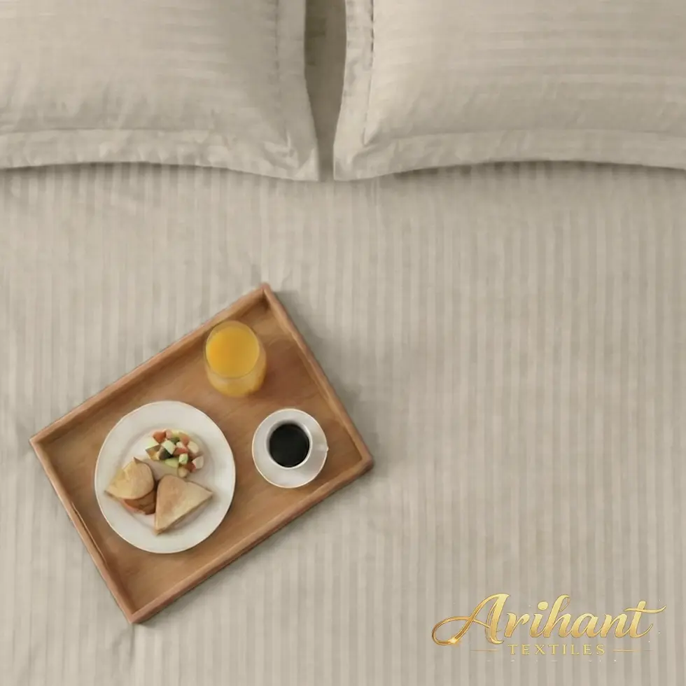 Thumbnail: Export-quality beige striped hotel linens for international enquiry: Scalable manufacturing of hospitality bedding direct from our Panipat factory.
