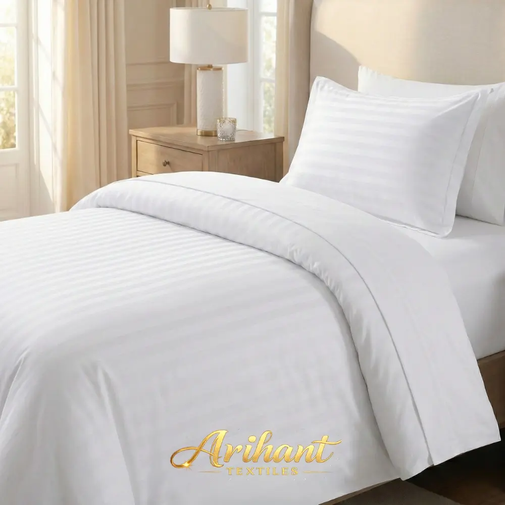 White cotton stripes hotel duvet cover manufactured by Arihant Textiles, a leading hospitality bedding supplier in Panipat.
