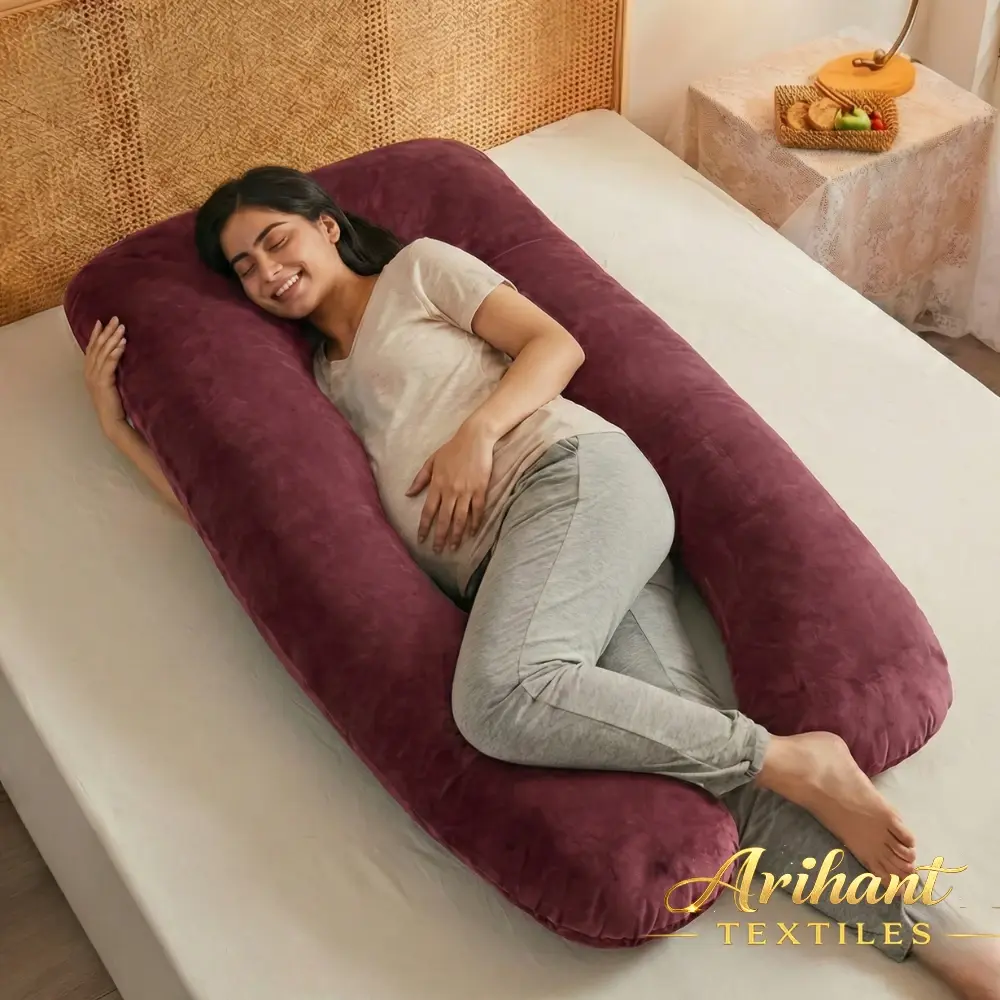 Maroon U-shape pregnancy pillow by Arihant Textiles providing total body support for expectant mothers.