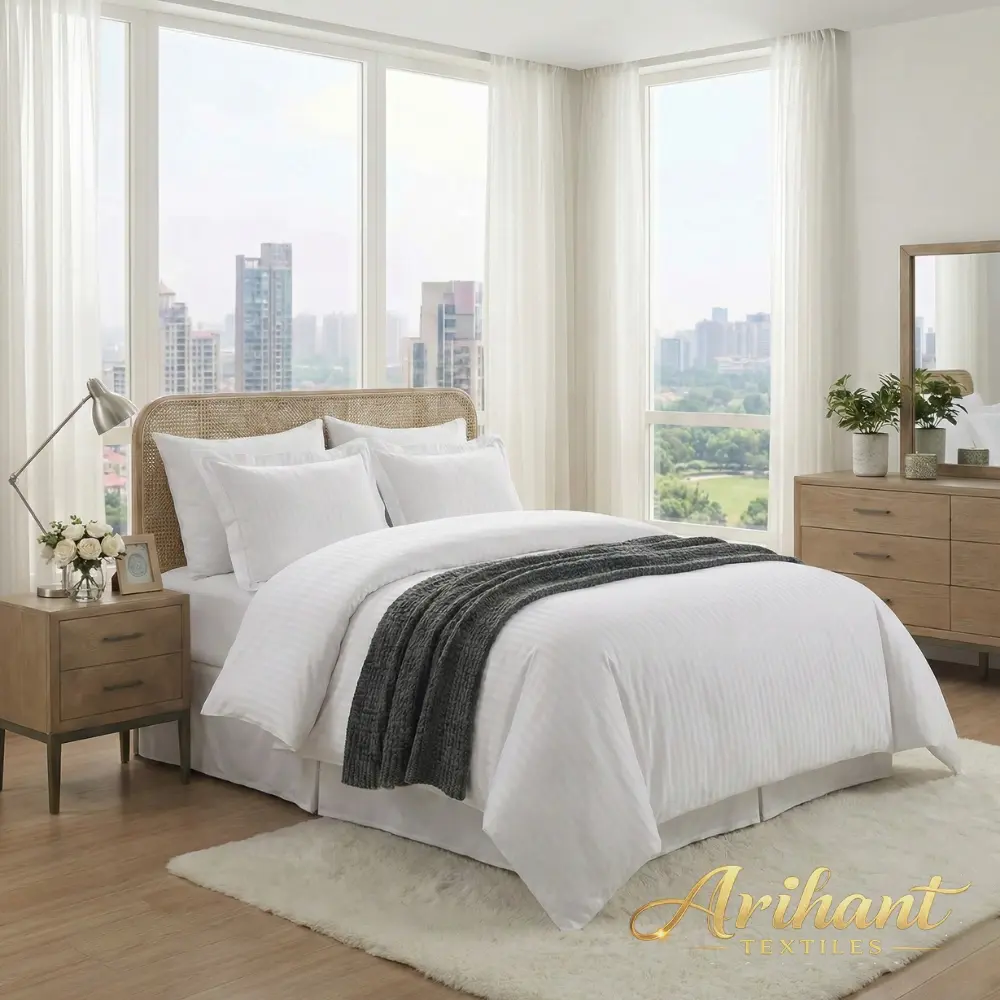 Premium white satin stripe bedsheets manufactured by Arihant Textiles, a leading hotel bedsheet manufacturer in Panipat.