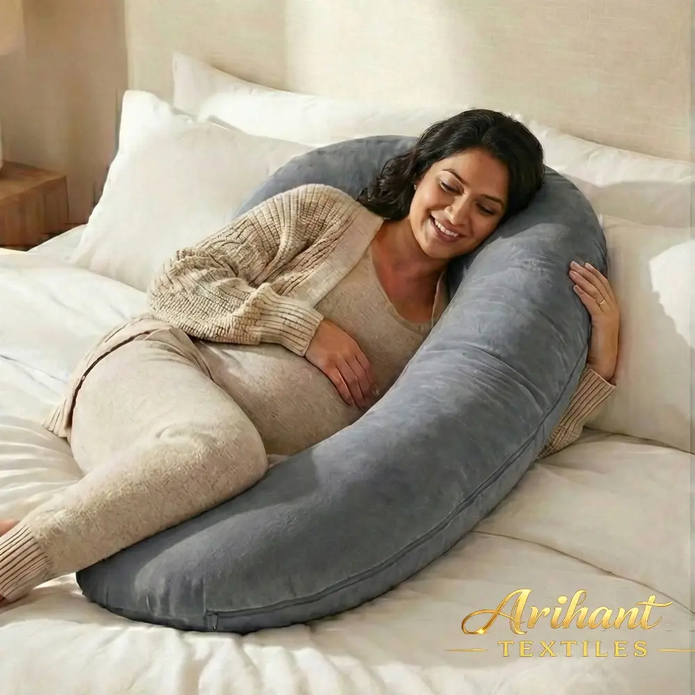 Grey C-shape pregnancy pillow manufacturer in Panipat for bulk supply.