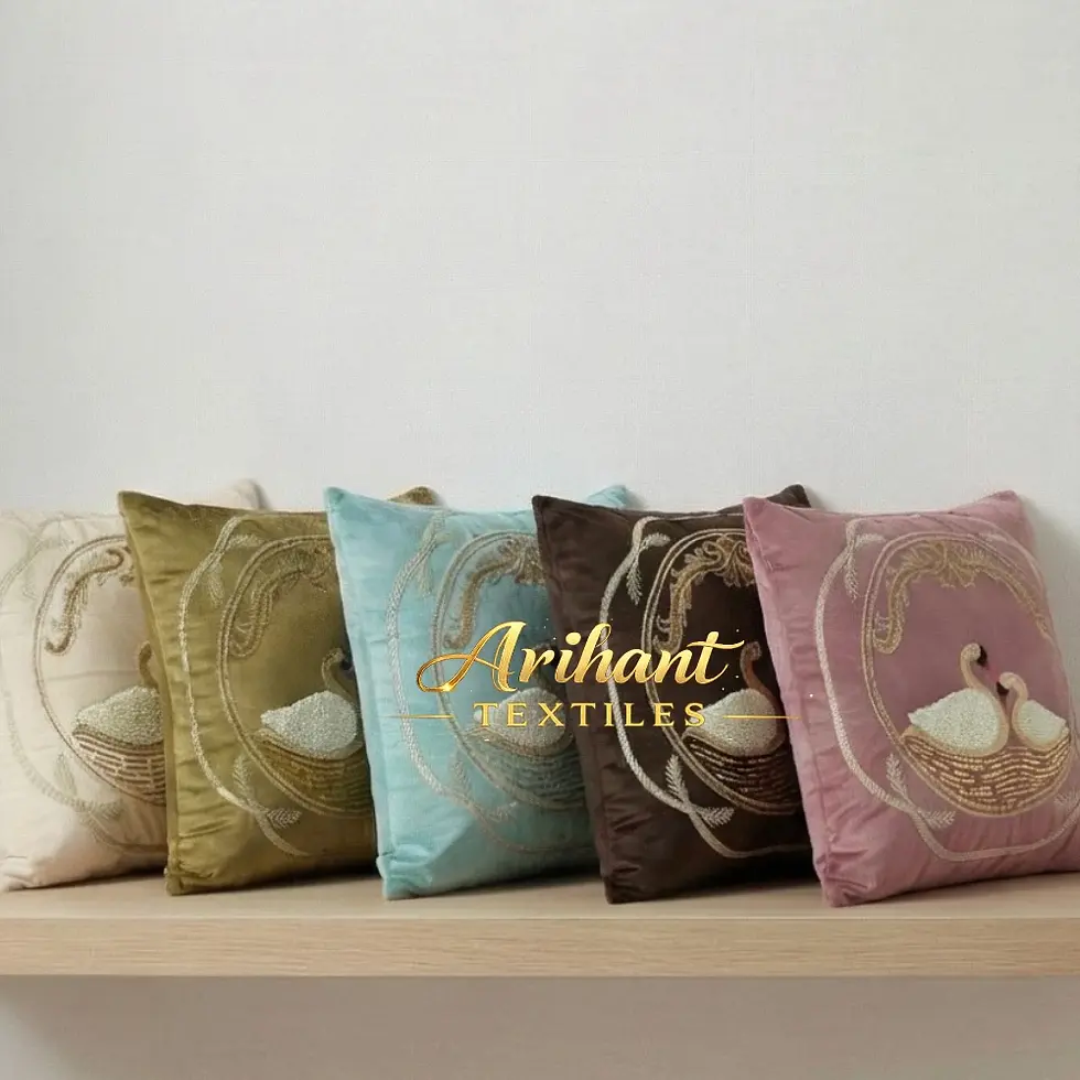 Thumbnail: Elegant Eternal Swan embroidered throw pillow cover in a neutral palette for luxury home and hotel interiors.