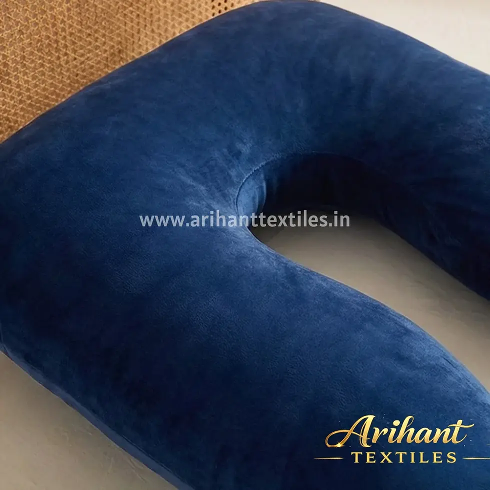Thumbnail: Close-up of the premium navy blue velvet cover and high-loft fiber filling of an Arihant Textiles U-shape pillow.
