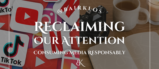 Overlapping social media icons with text: "Reclaiming Our Attention, Consuming Media Responsibly." Notebook, camera, candle in background.