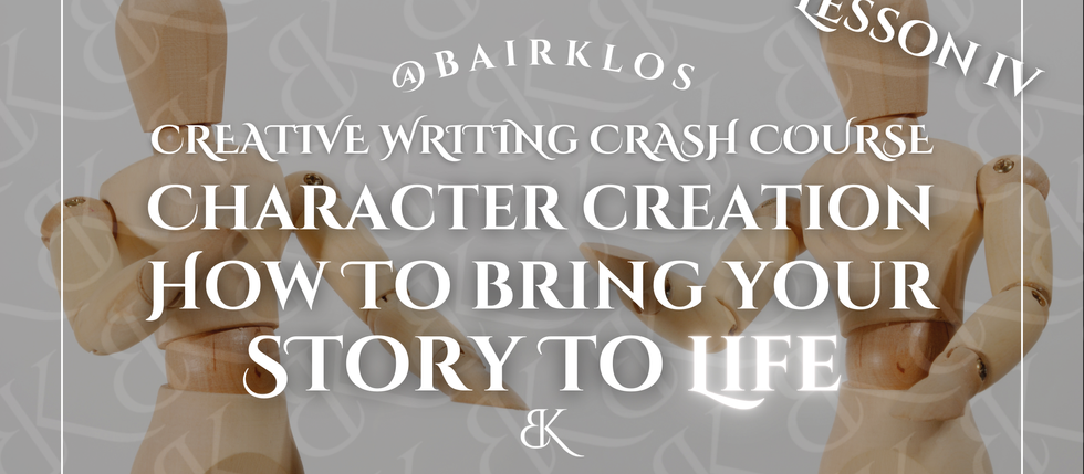 Wooden mannequins in a creative writing course ad titled "Character Creation: How to Bring Your Story to Life," Lesson IV.