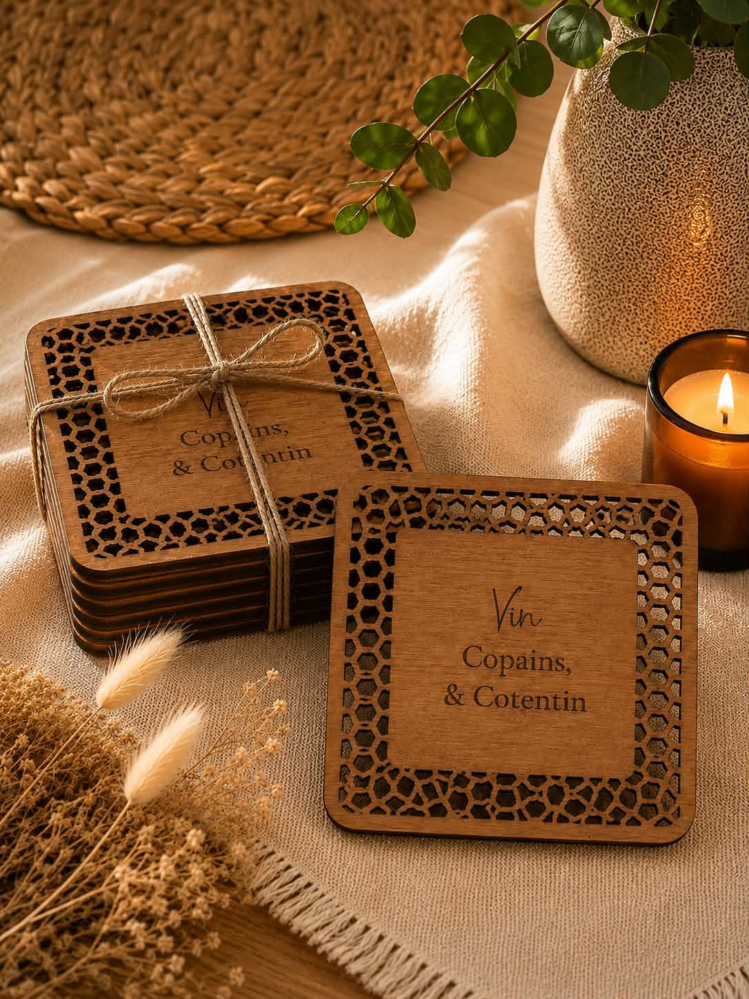 Lot de 6 Sous-verres "Vin, copains & Cotentin"