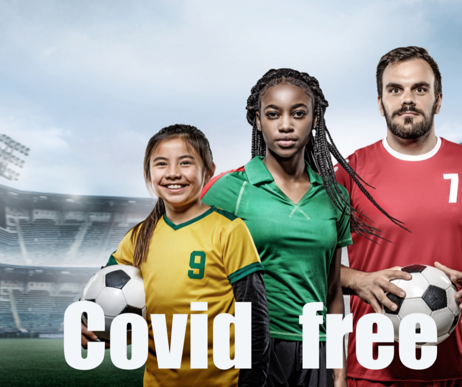child, teenager and adult with soccer balls and caption Covid Free