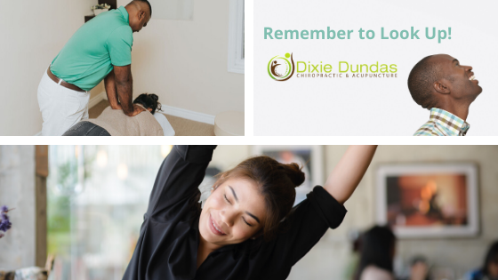 Dr. Andre adjusting patient. Woman stretching and Dixie Dundas logo saying Remember to Look Up