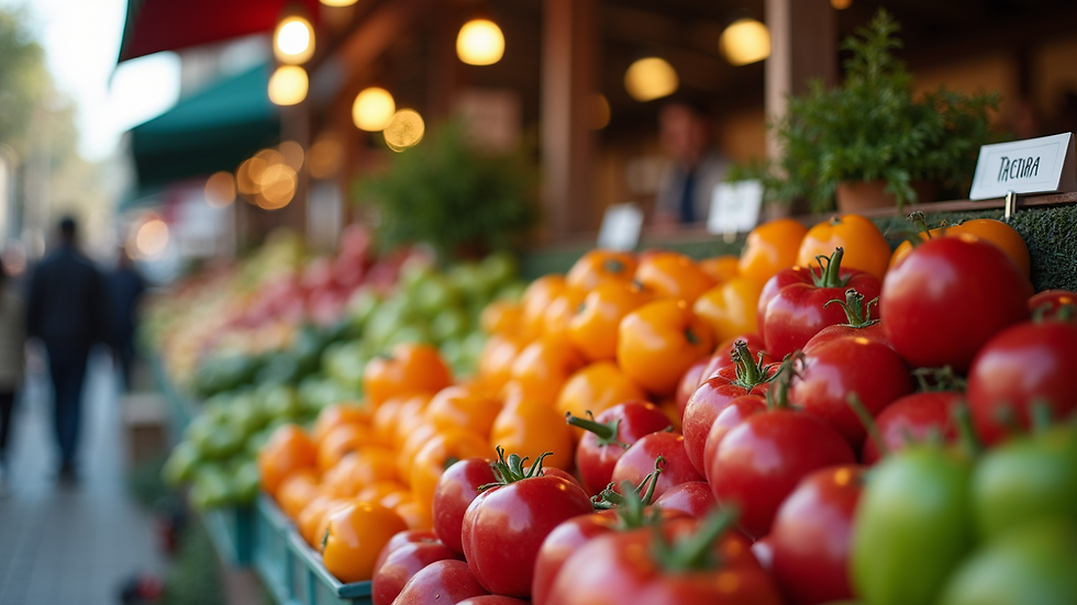 High angle view of a colorful farmers' market stall