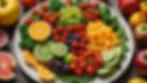 Close-up view of a colorful plate filled with fruits and vegetables
