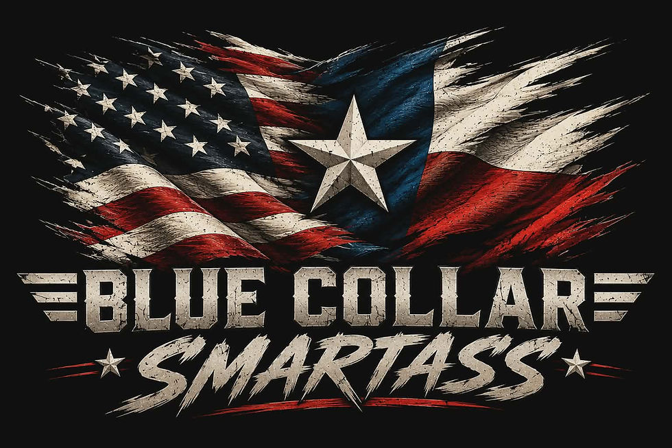 distressed American/Texas flags merged into a rugged emblem celebrating blue collar trades