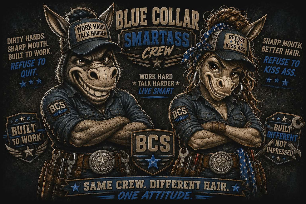 BCS male and female smartass donkey mascots representing hardworking trades-people, blue-collar pride, and a no-nonsense attitude