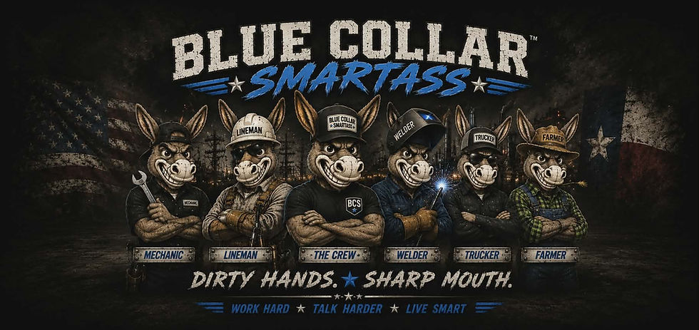 BCS crew featuring mechanic, lineman,welder,trucker and farmer donkey mascots