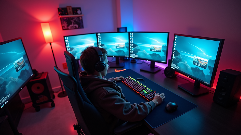 High angle view of a gaming setup with multiple screens