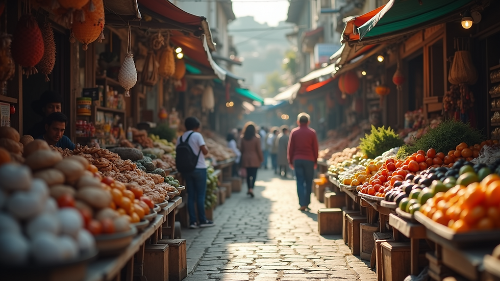 High angle view of a busy community market showcasing local goods