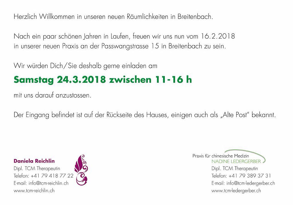 Praxisapéro, Daniela Reichlin, Nadine Ledergerber, TCM, Passwangstrasse 15, Breitenbach