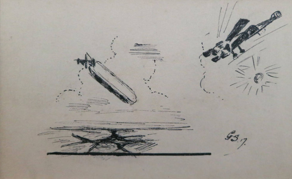 original 1917 ink drawing of a WW1 zeppelin and an RFC biplane