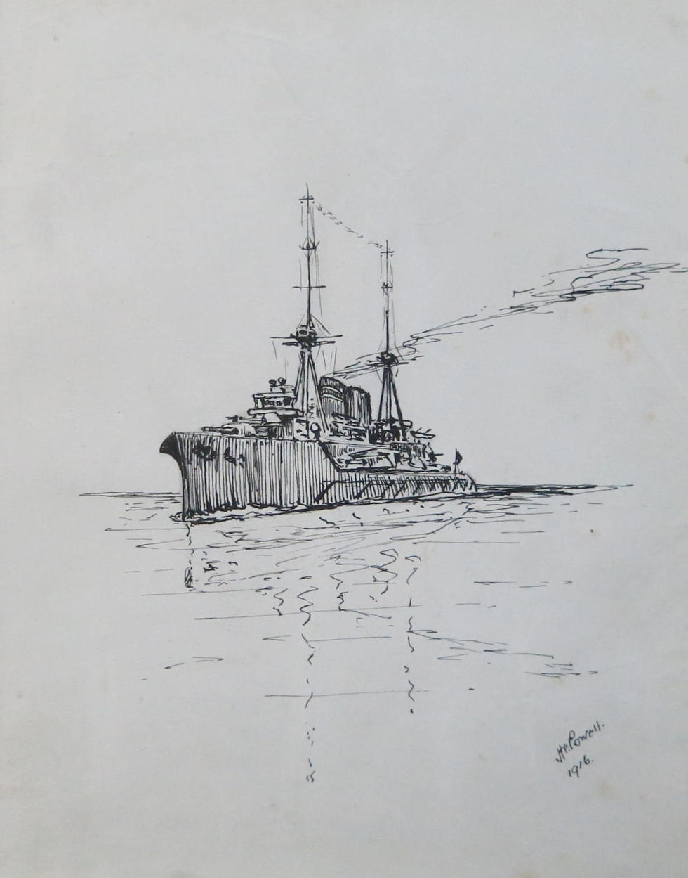 original 1916 ink drawing of a WW1 British dreadnought battleship