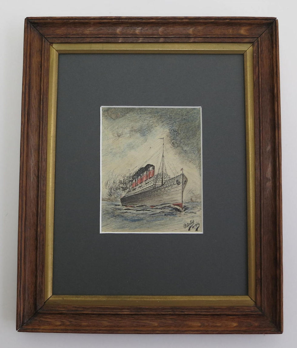 Thumbnail: original 1916 watercolour painting of a 4 funnel ocean liner