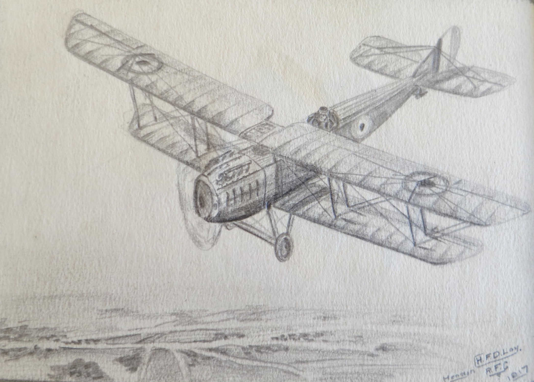 1917 original pencil drawing of a royal flying corps aeroplane