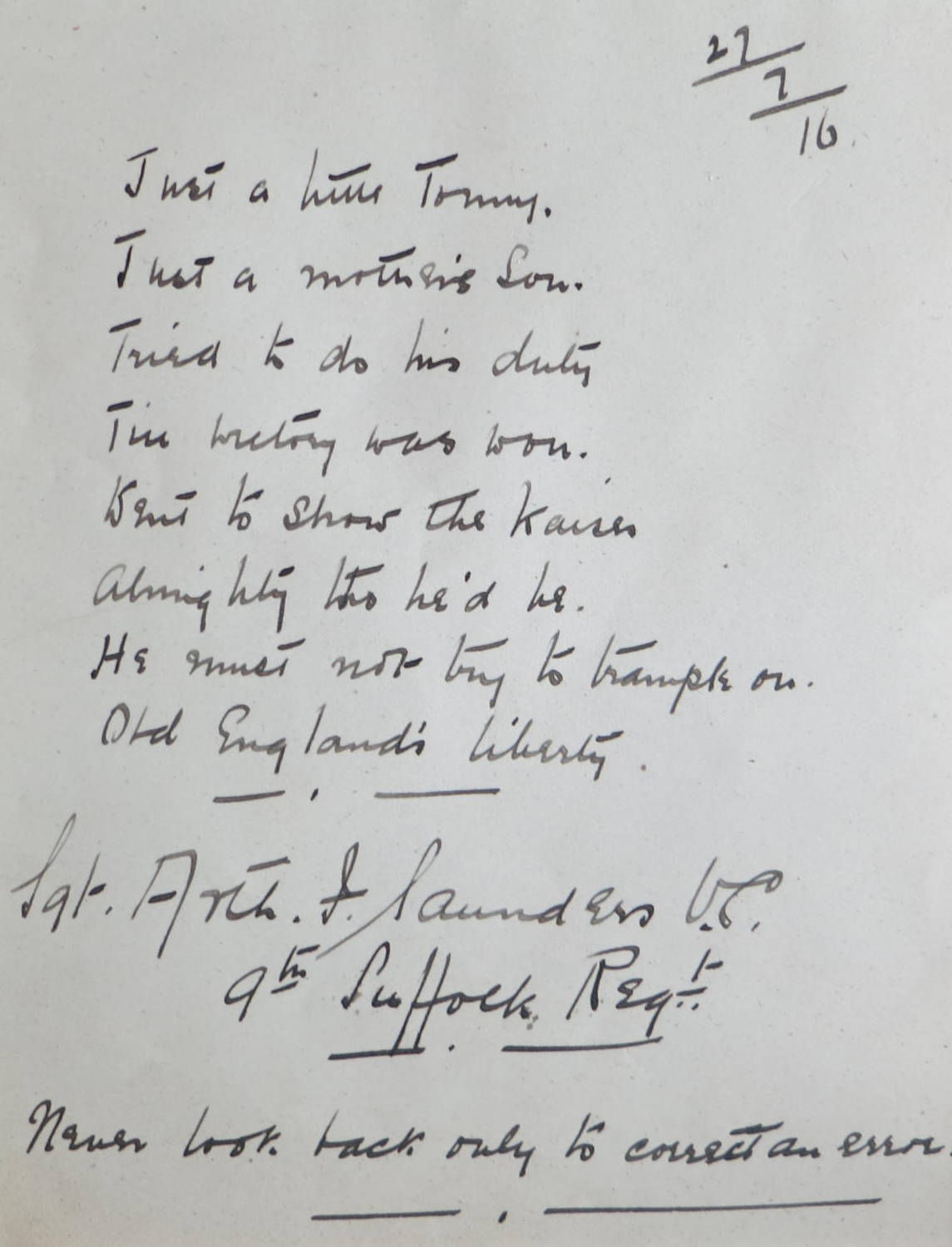 1916 signed poem by victoria cross winner arthur saunders vc