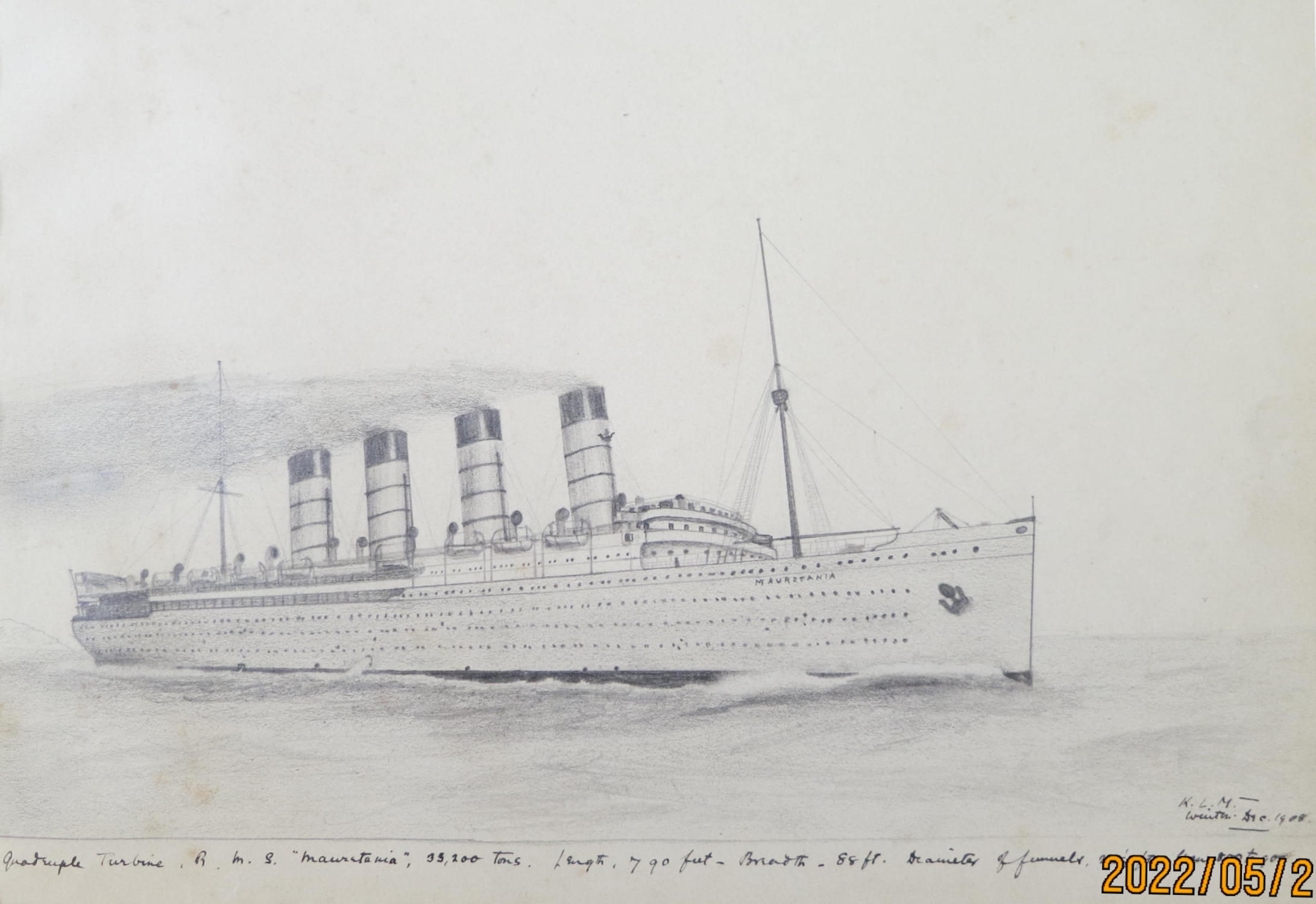 original 1908 pencil drawing of rms mauretania