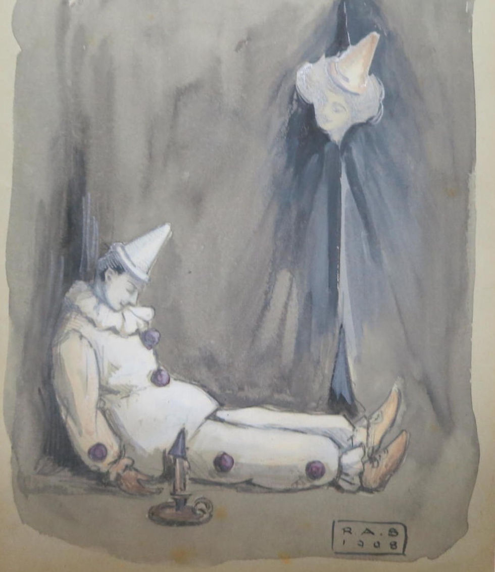 1908 original watercolour painting of 2 vintage clowns