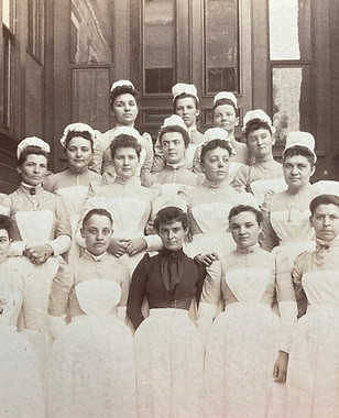 graduating class of Fabiola nurses about 1888 on the steps of Fabiola hospital corner Moss