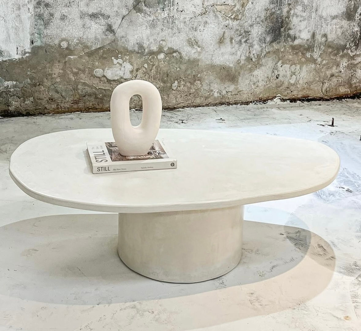 Microcement Organic Shape Coffee Table with single cylinder base