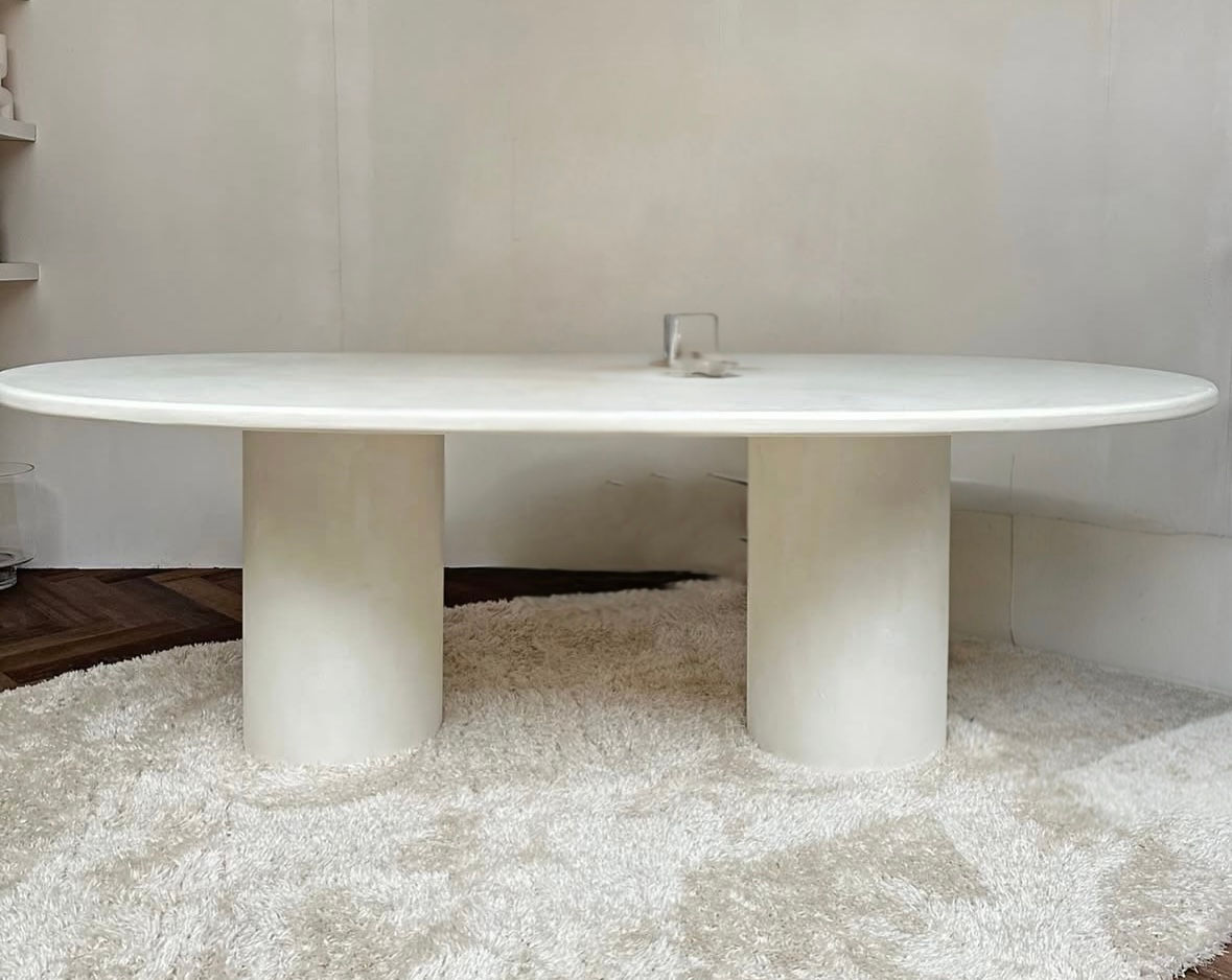 Microcement Oval Pill Dining Table with two cylinder bases